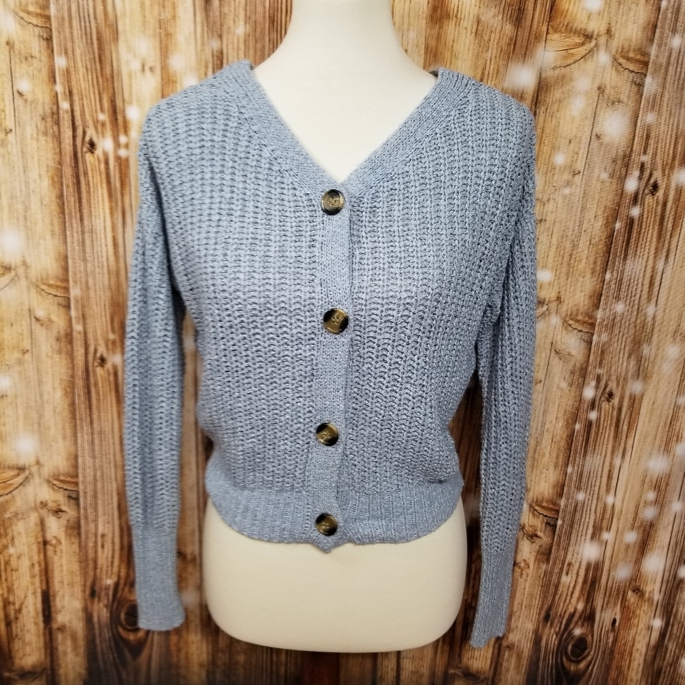 Moon & Madison Dusty Blue Chunky- Loose Knit Juniors XS Button Up Cardigan